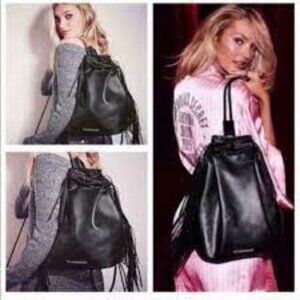 Victoria's Secret Black Faux Leather Adjustable Fringe Large Sling Backpack NEW